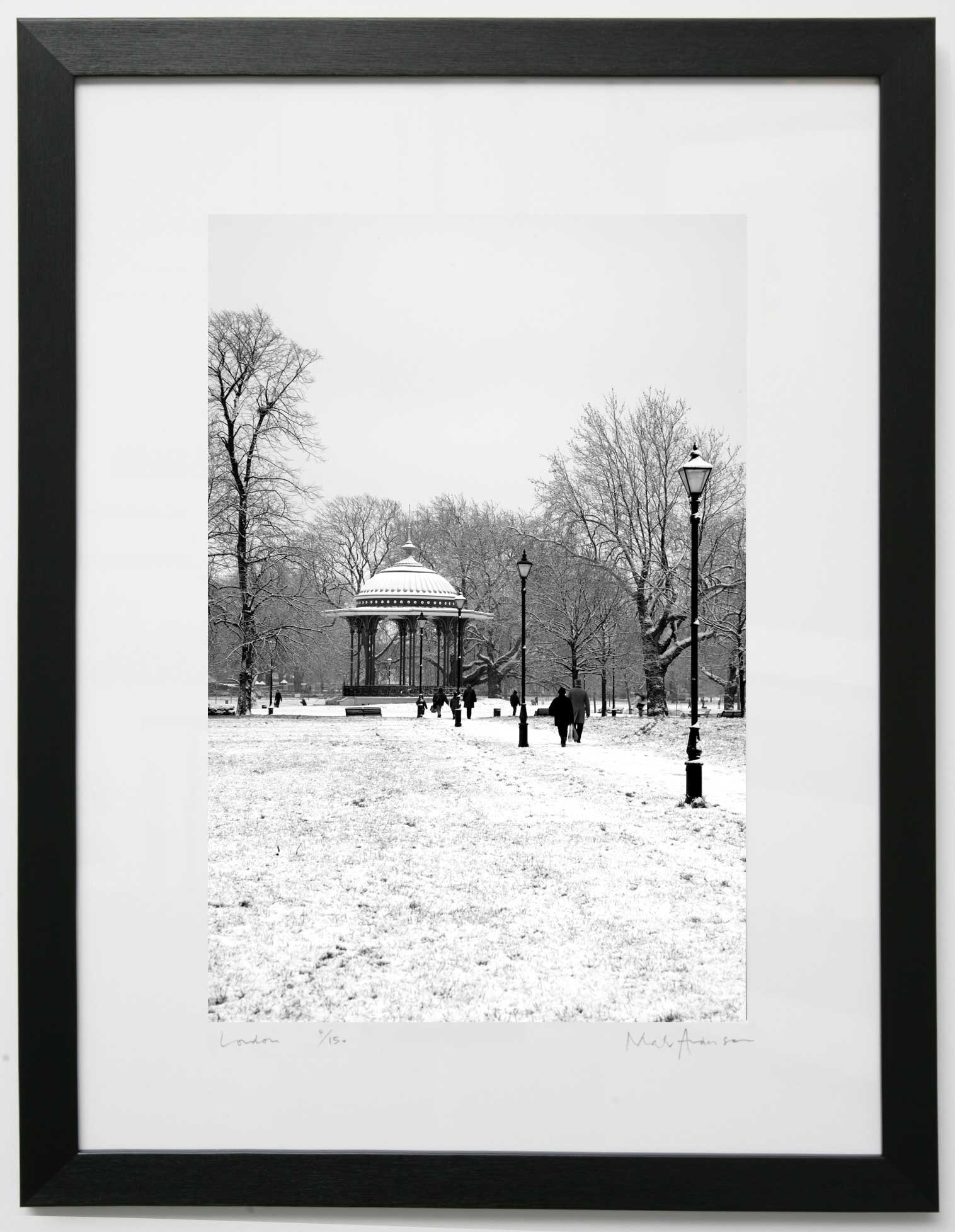 Black and white print of Clapham Common Bandstand in the snow, London
