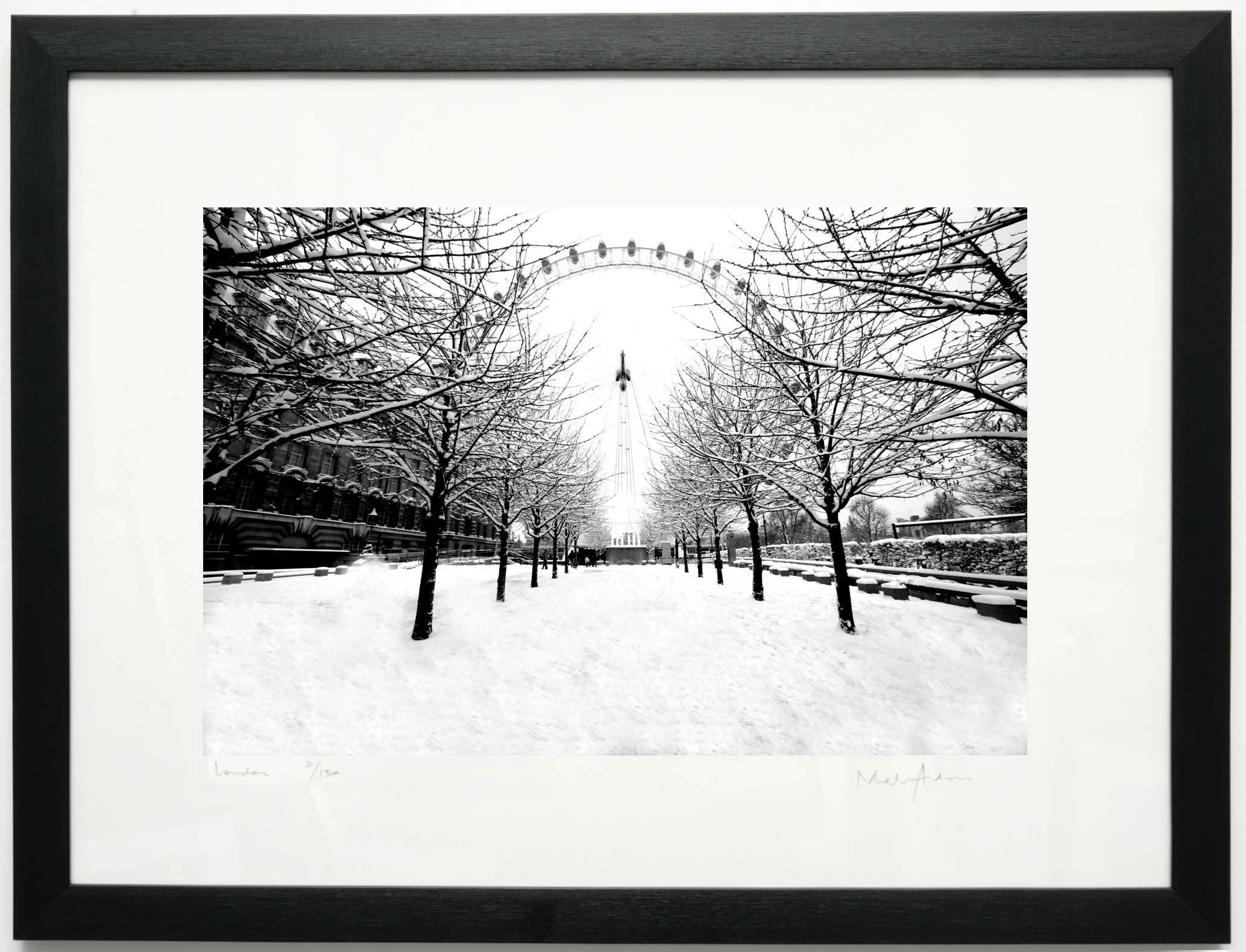 Black and white print of London Eye in the snow