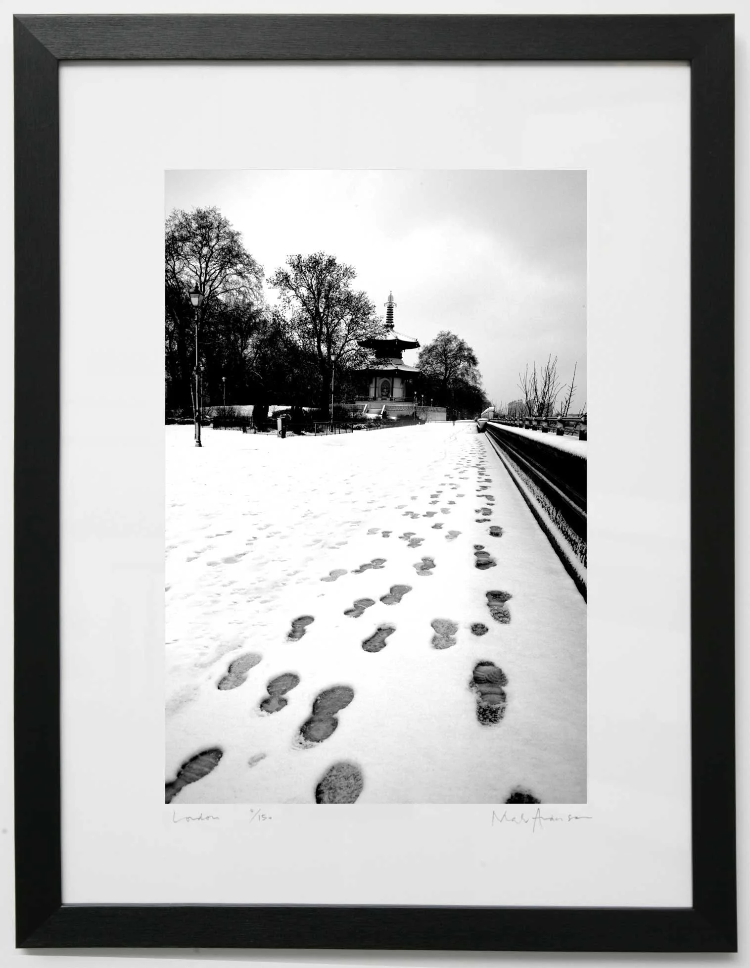 Black and white print of Battersea Park in the snow, London