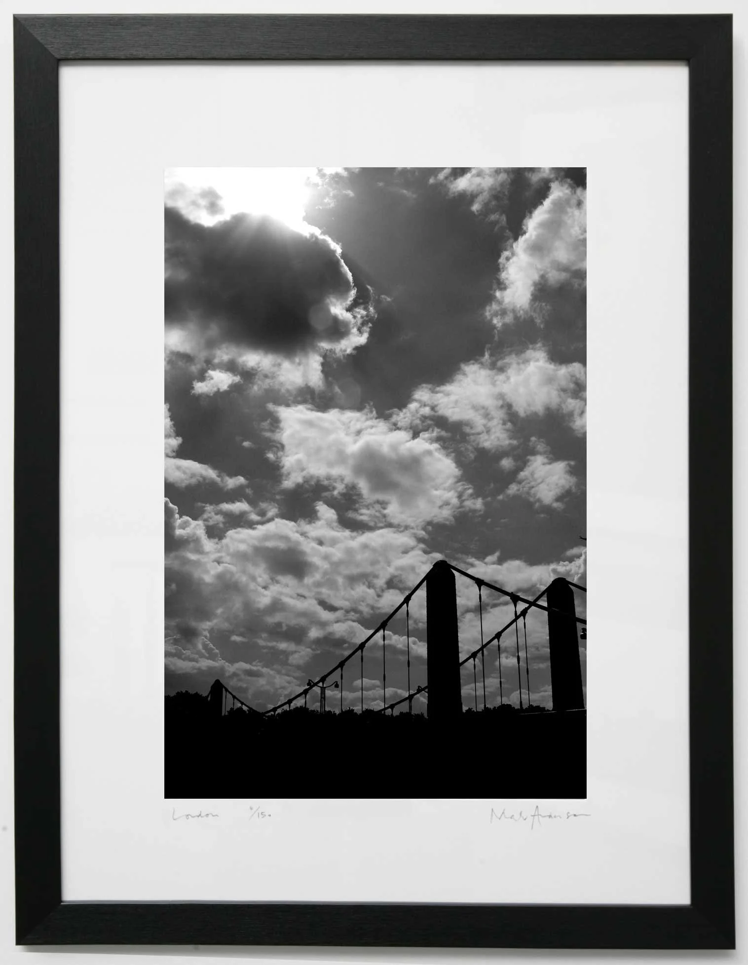 Black and white print of Chelsea Bridge in London