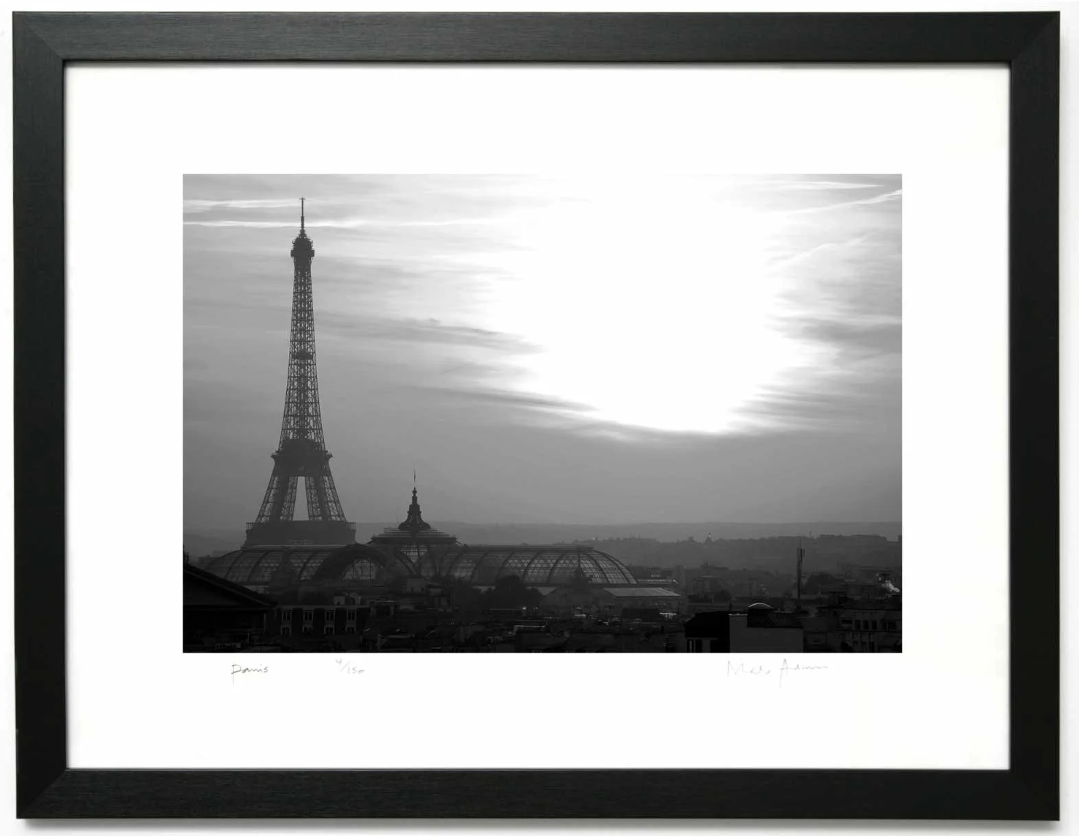 Framed black and white prints of Paris for an office