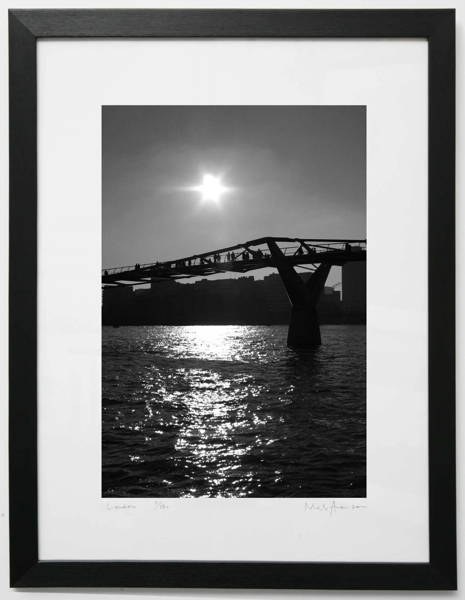 Black and white print of sunset over Millennium Bridge, London