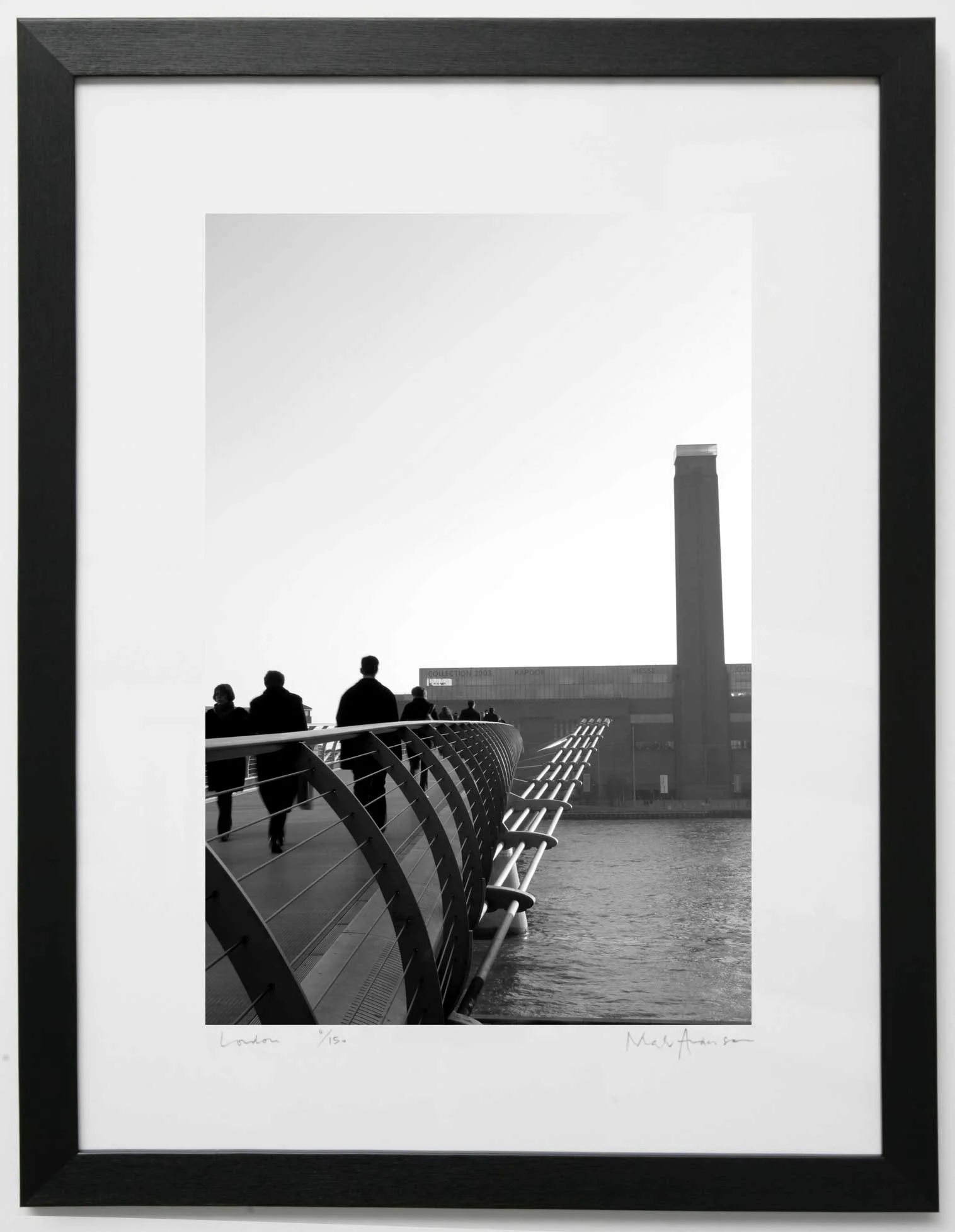 Black and white print of Millennium Bridge towards Tate Modern, London