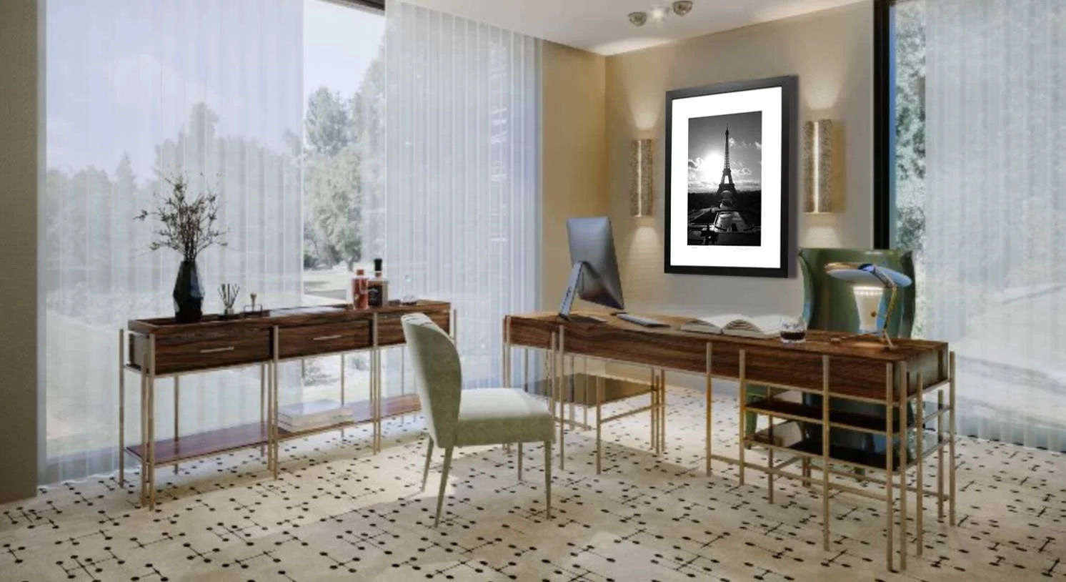 Framed Paris print hanging in an office.