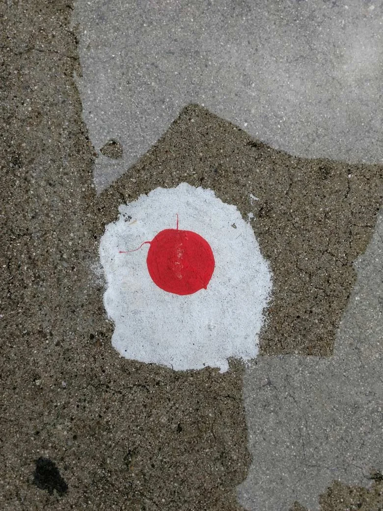 A cracked (paint) egg fries on a slick sidewalk in Silver Lake, during an uncommonly-rainy spring in Los Angeles. (February 10th, 2019)