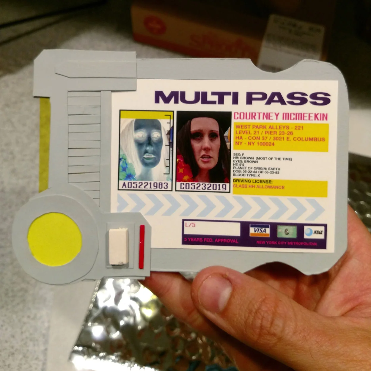 Papercraft replica of a “MULTIPASS” from The Fifth Element. Materials used: Crescent wet media board, balsa wood, acrylic paint, card stock & LEE Filter swatch cards.