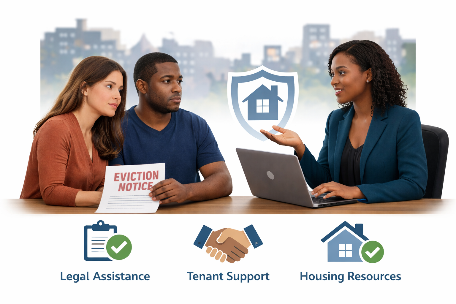 Legal aid advocate meeting with a family to discuss an eviction notice, with text reading ‘Eviction Prevention Program’ and icons representing legal assistance, tenant support, and housing resources.
