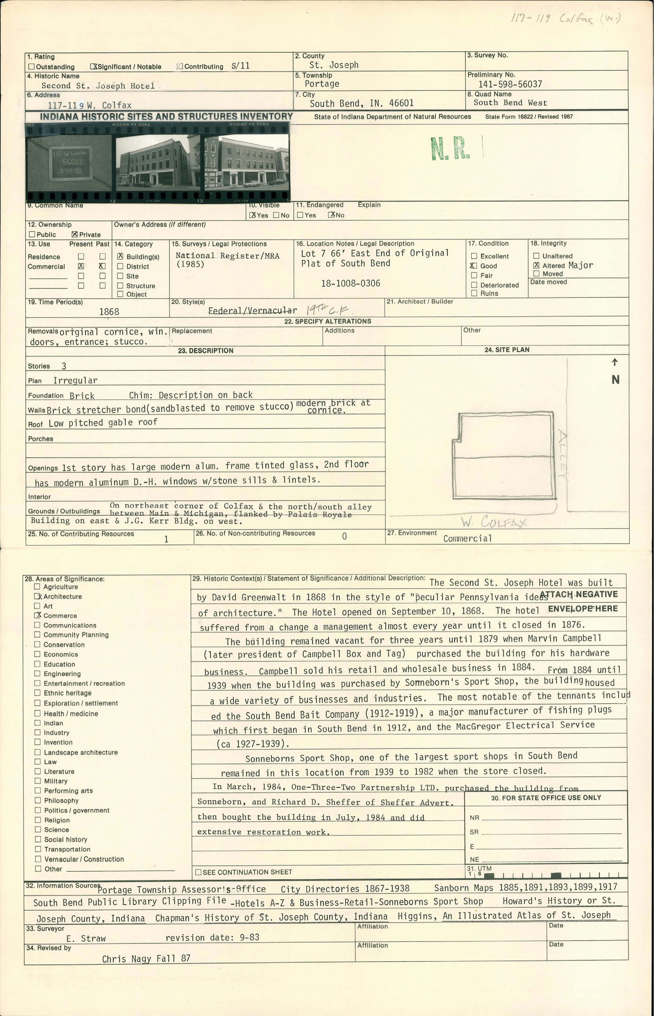 St. Joseph County historical survey cards for the building.