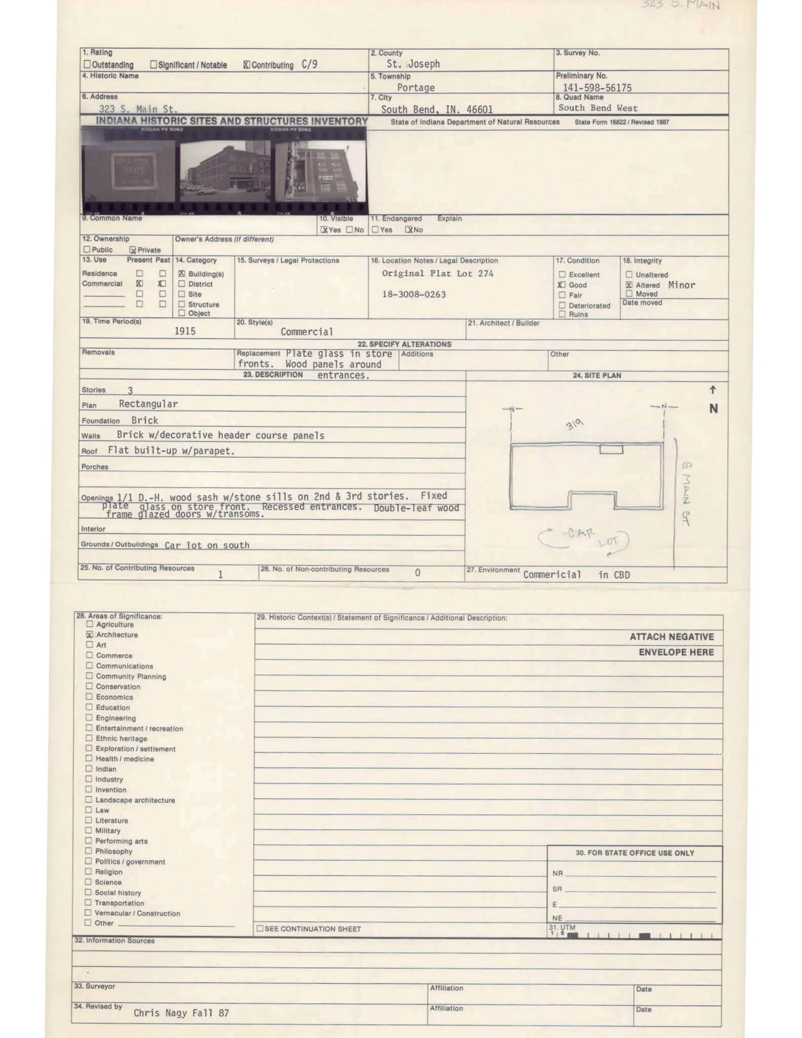 St. Joseph County historical survey cards for the building.