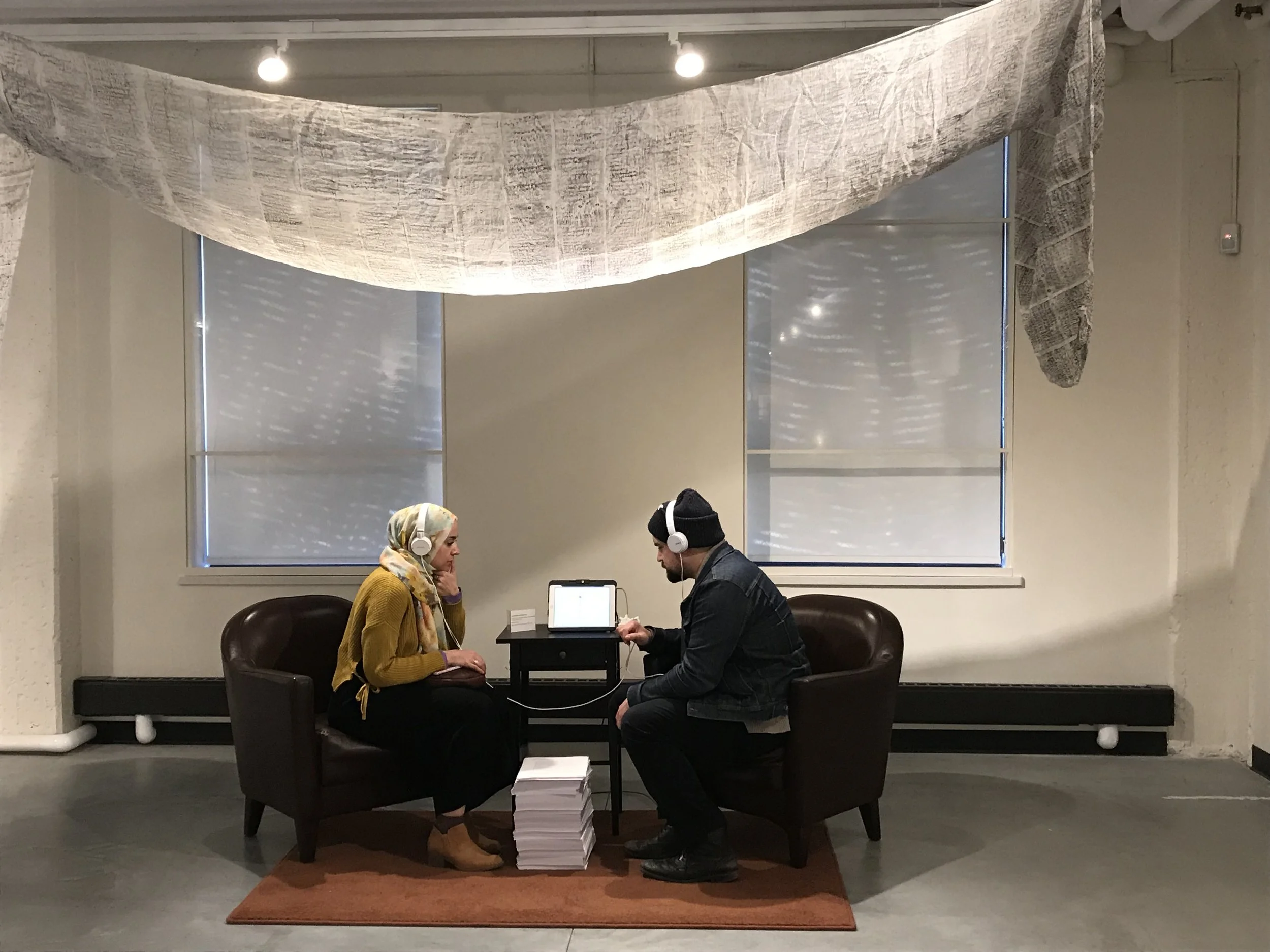 Installation shot of In their Words , 2019 (audio archive station) at The Warehouse Museum.