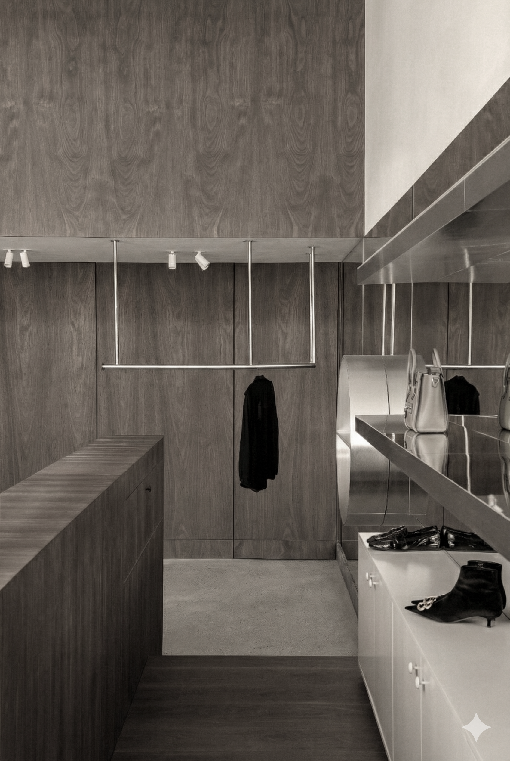 A minimalist dressing area with wooden walls and flooring, featuring hanging space with a single black garment and handbags on a metal shelf, and a white cabinet with shoes and accessories.