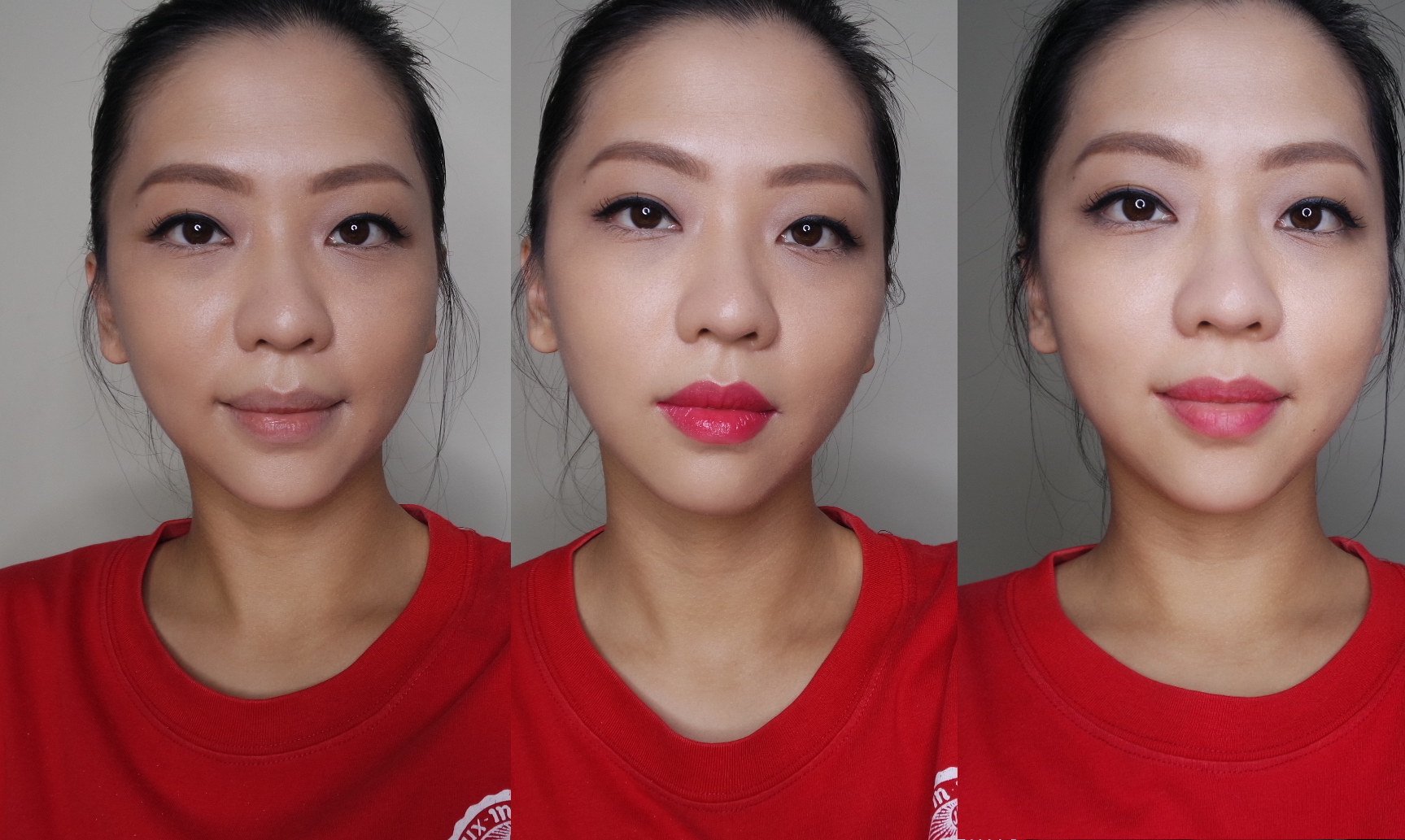 Kanebo Keep Wearing Rouge in 03 Vibrant Red Acid Test: L-R bare lip, heavy-handed application, post-pizza status