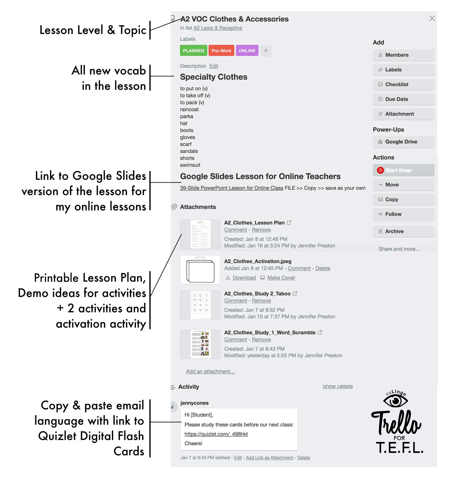 Back of the TRELLO for TEFL lesson card