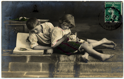 Vintage photo - children and cat