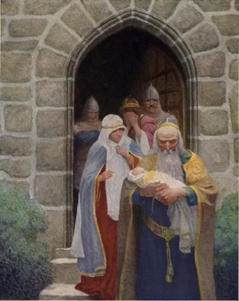'Merlin taking away the infant Arthur'