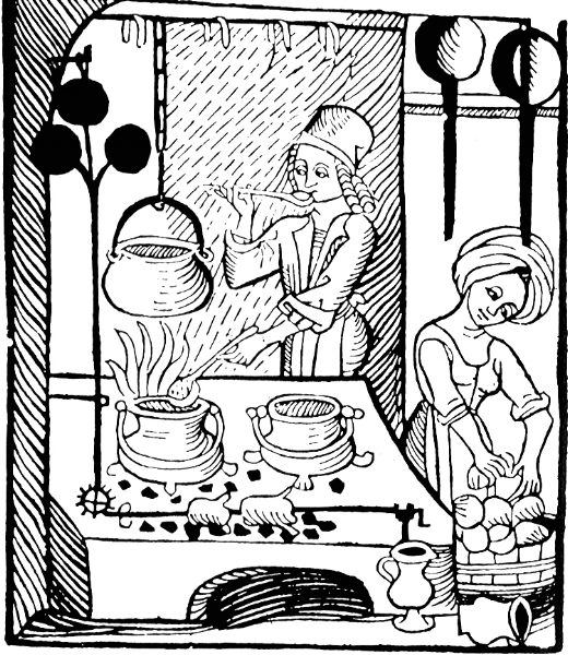 ‘Cook at the hearth with his trademark ladle’ woodcut illustration from ‘ Kuchenmaistrey ’, the first printed cookbook in German 1485’ (Wikipedia)