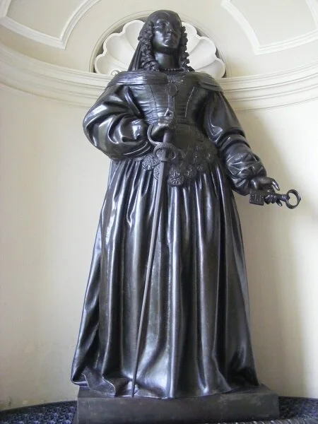 Bronze figure of Lady Mary Bankes, holding her sword and the key to Corfe Castle