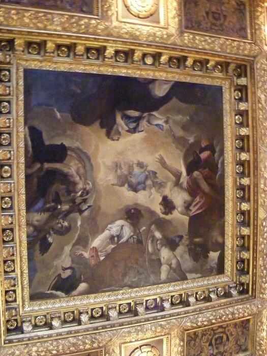 ‘The Creation of the Elements’ on the ceiling in the Spanish Room. It depicts Chronos in the centre, with his wife, Cybele (Earth) and their children Zeus (fire), Hera (air) and Poseiden (water)