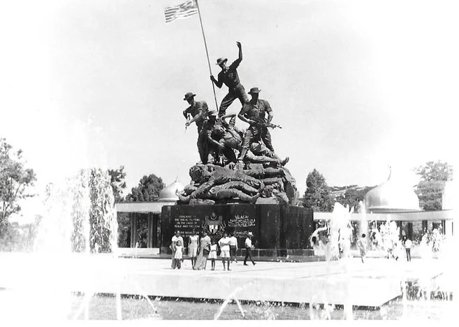 Statues, soldiers, flag, monument, black and white photo, At The National Monument of Malaysia, Joy V Spicer