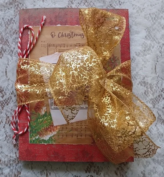 Christmas journal, gold ribbon tied in bow, Christmas Mini Journals and Etsy Shop Open, Joy V Spicer