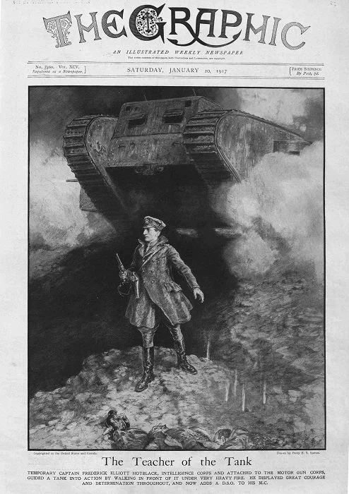 Illustration on British newspaper, The Graphic, showing Elliott Hotblack and tank