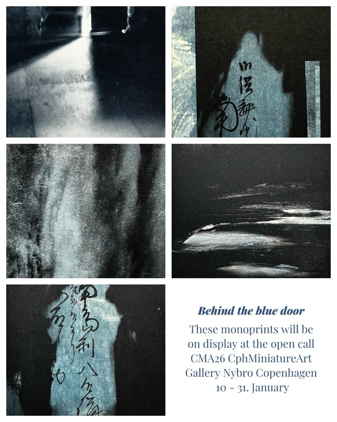 These monoprints &lsquo;Behind the blue door&rsquo; are part of the open call CMA26 CPH Mini Art in Copenhagen at the Galleri-Nybro.
Photopolymergravure two plates or photopolymergravure on handpainted washi paper. 
Exhibition 10-31 January, Thursday