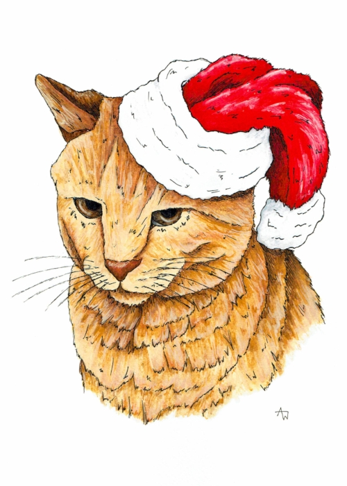 One of the most recent Christmas cards - Grumpy Cat - Pen and Watercolour - Available from the shop