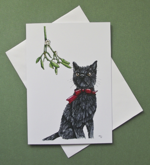 Christmas cat and Mistletoe, with glitter - Christmas card - "Have a Very Happy Christmas" inside - Envelope included - In the shop