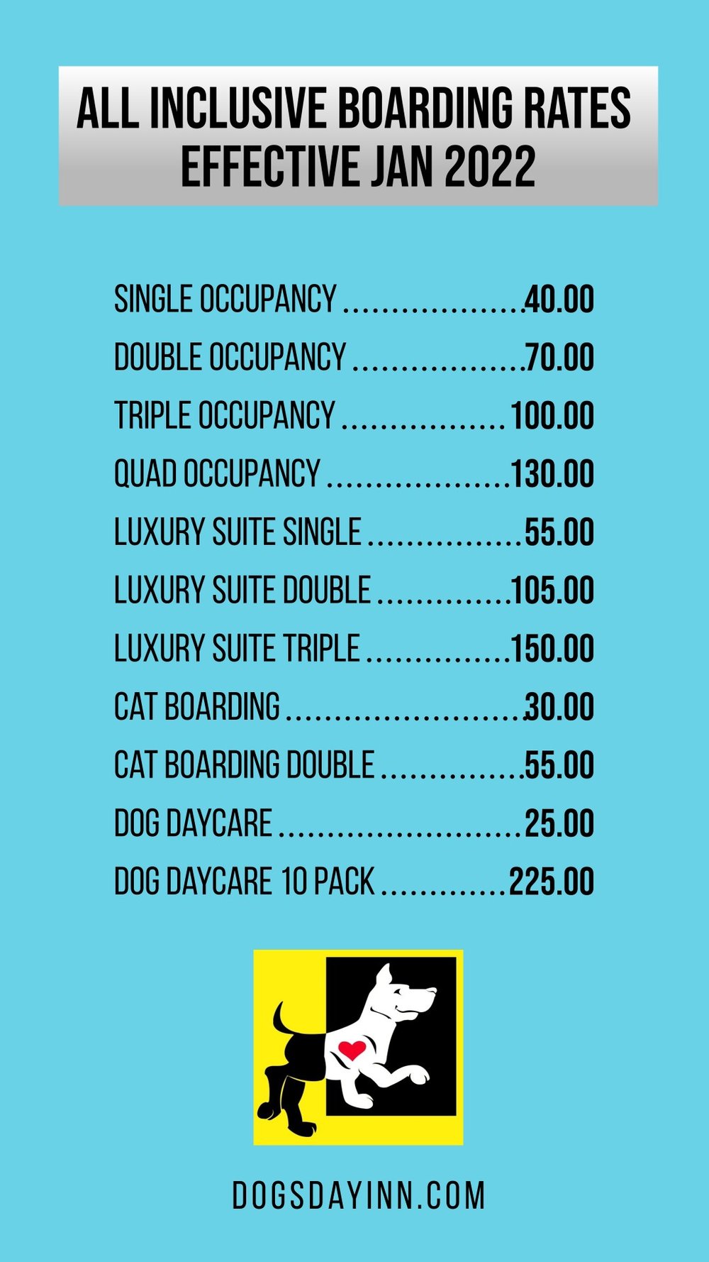 Pricing - Dogs Day Inn | Dog & Cat Boarding and Grooming | Richmond — DOG'S  DAY INN