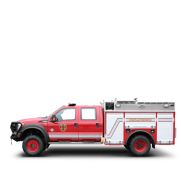Coquitlam Fire Rescue Built on a Ford F-550, 4 Door 4x4 Chassis, Coquitlam's Light Attack Engine features a 3" Lift Kit, Interco IROC Tires and Warn M 15,000 Winch.