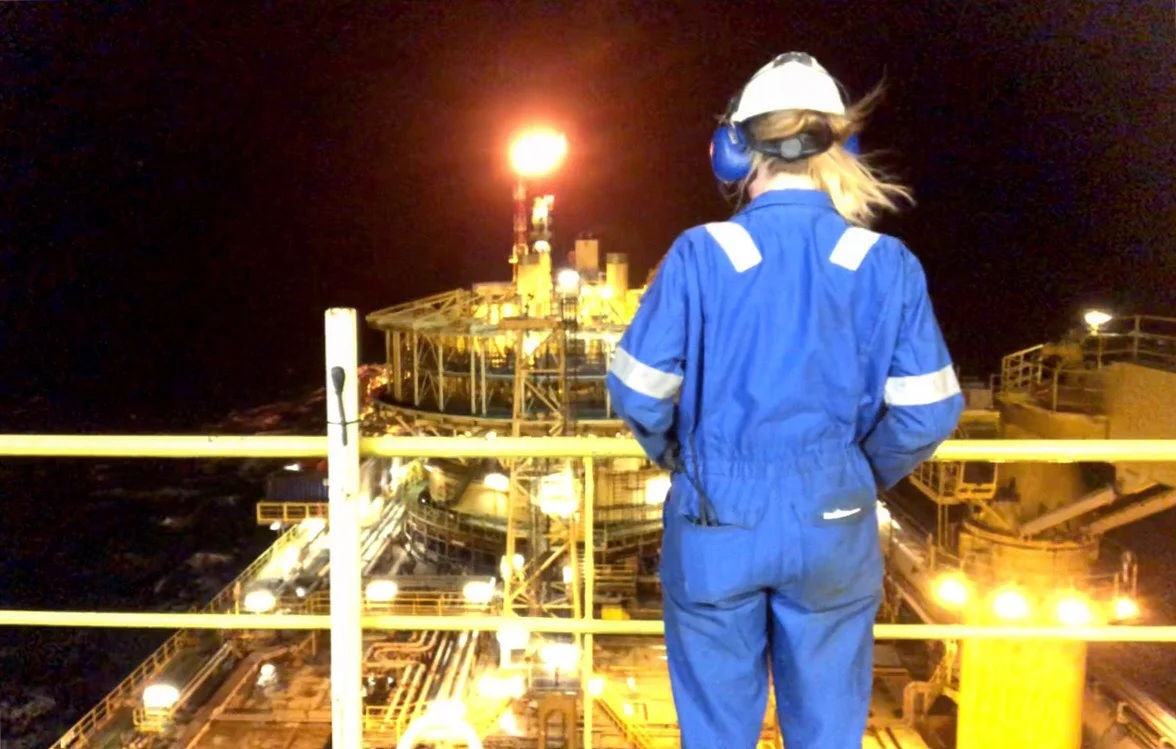 Lucy in her overalls offshore