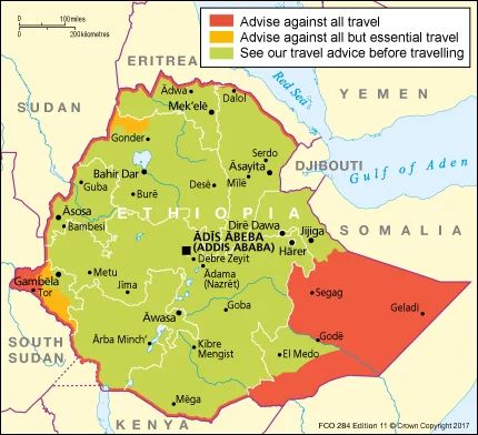 The 'Travel Safety' Map of Ethiopia on UK Government website