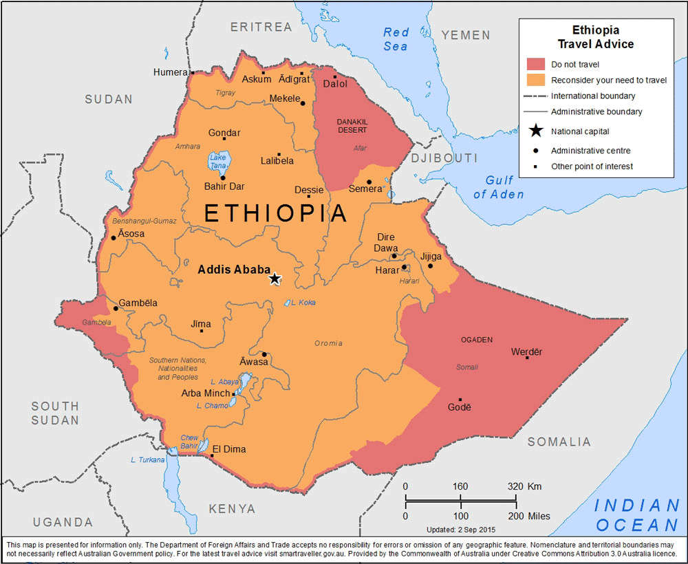 The 'Travel Safety' Map of Ethiopia on Australian Government website