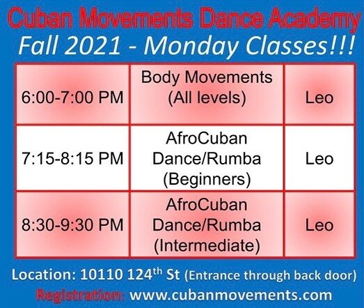 Monday schedule for Fall 2021 with our Director, Professional Dancer and Choreographer @leoglezdancer 🇨🇺

The @cubanmovements Dance Academy continues with classes on authentic Afrocuban Dance and Rumba, grounded both in  the roots of these cultural