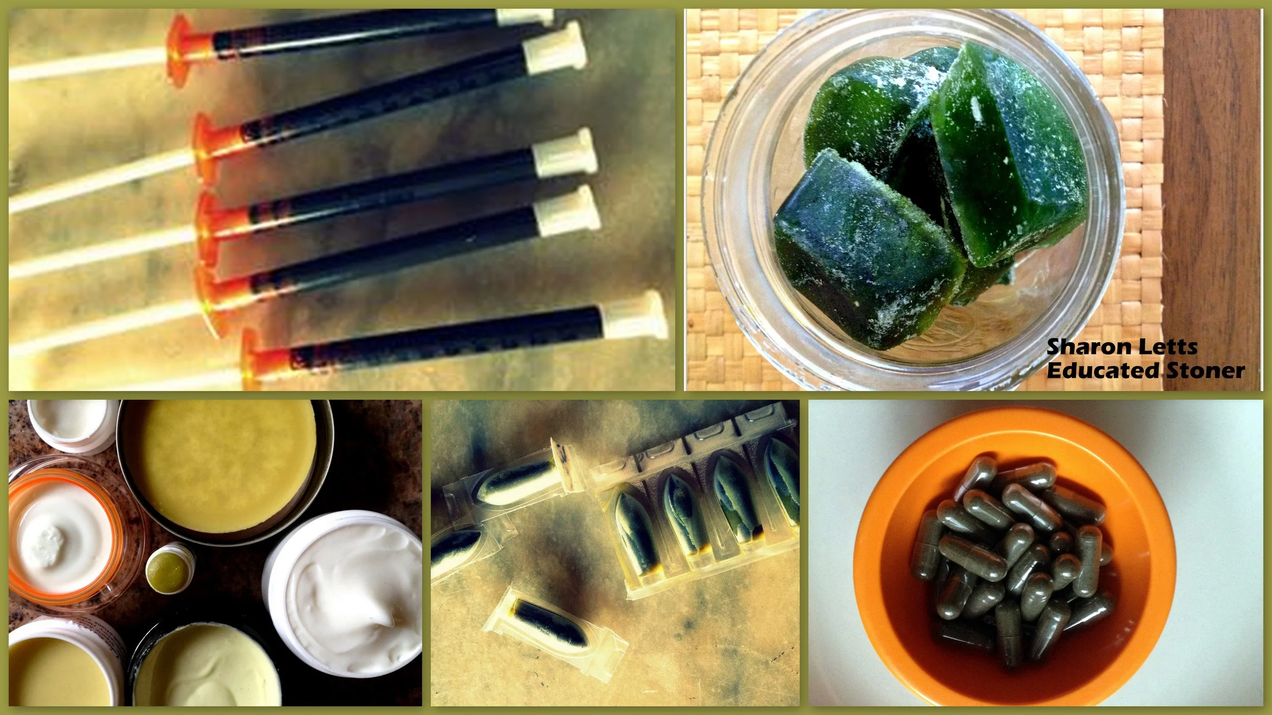 Sharon's deliveries include: Cannabis oil (RSO or Rick Simpson oil); juiced leaf (shown frozen in cubes); topical salves, suppositories (no head-high); kief caps. photos: sharon letts