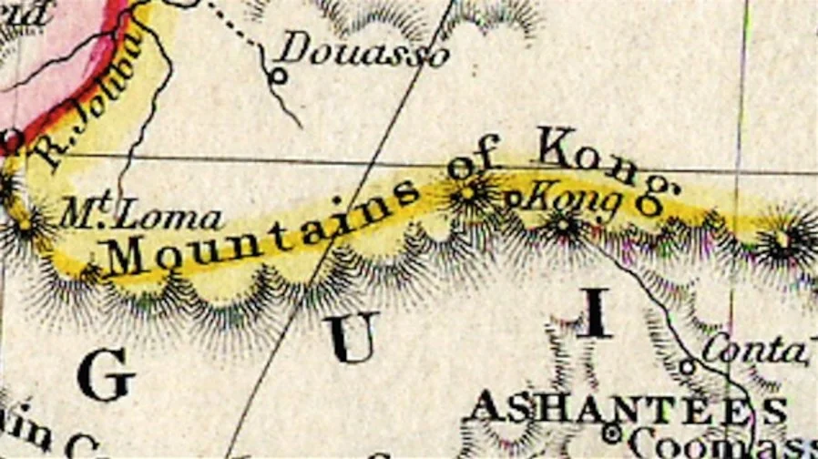 Mountains of Kong - http://bigthink.com/strange-maps/fabled-and-false-the-mountains-of-kong