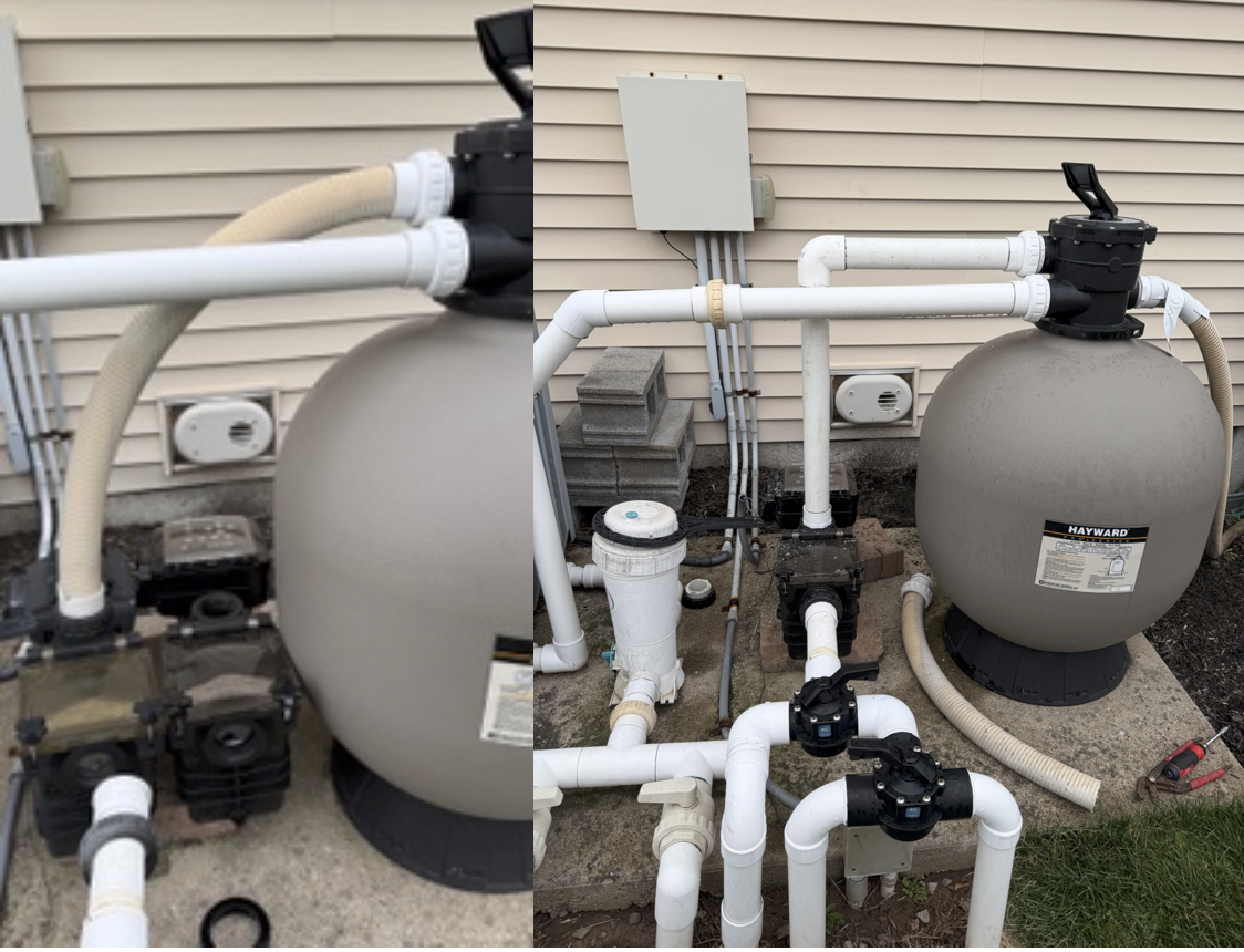 Before and after of a professional pool pump replacement. Flexible hoses replaced with rigid PVC and high-flow valves for improved filtration efficiency.