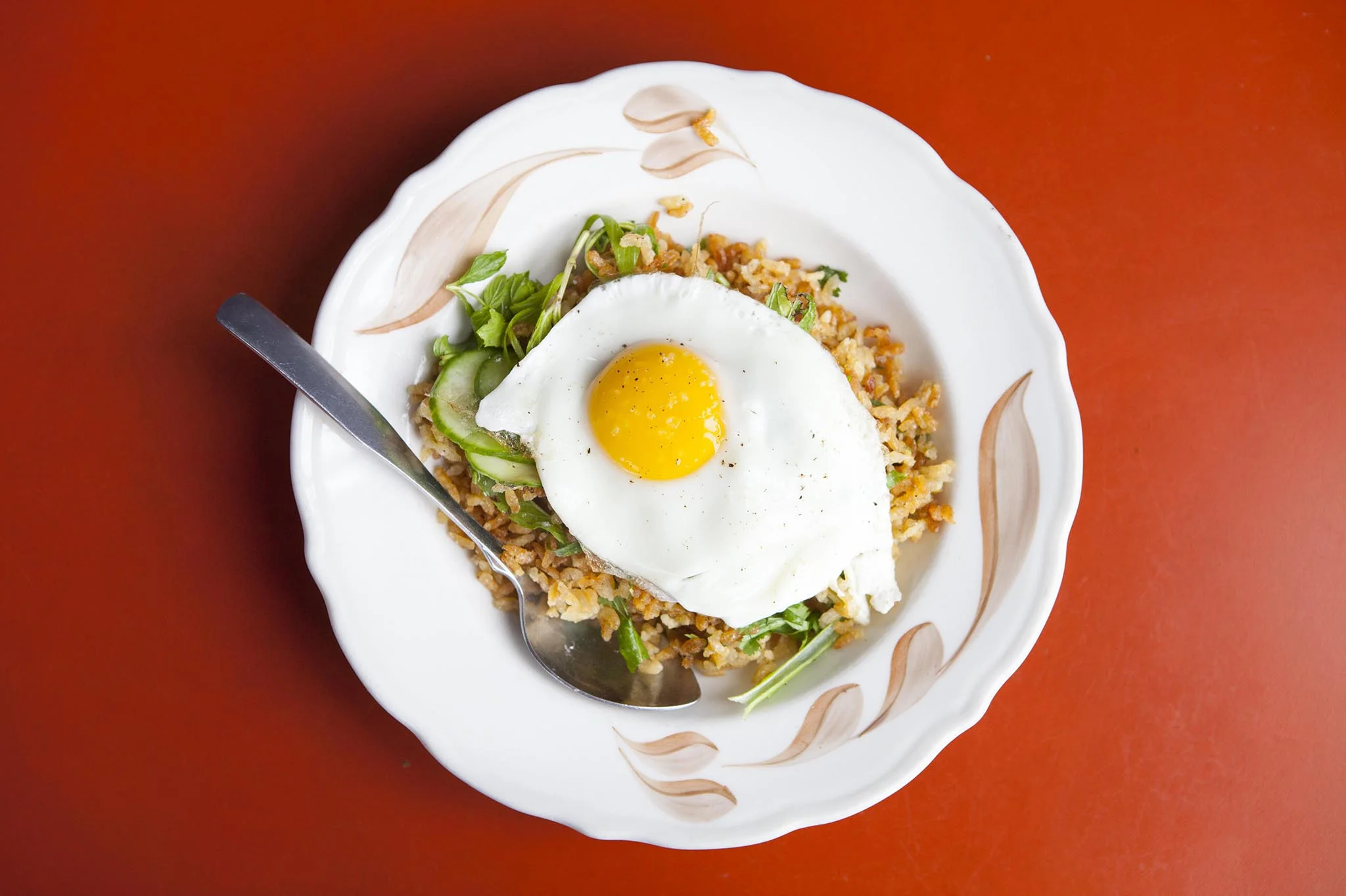 Crispy brown rice salad with a fried egg at Sqirl