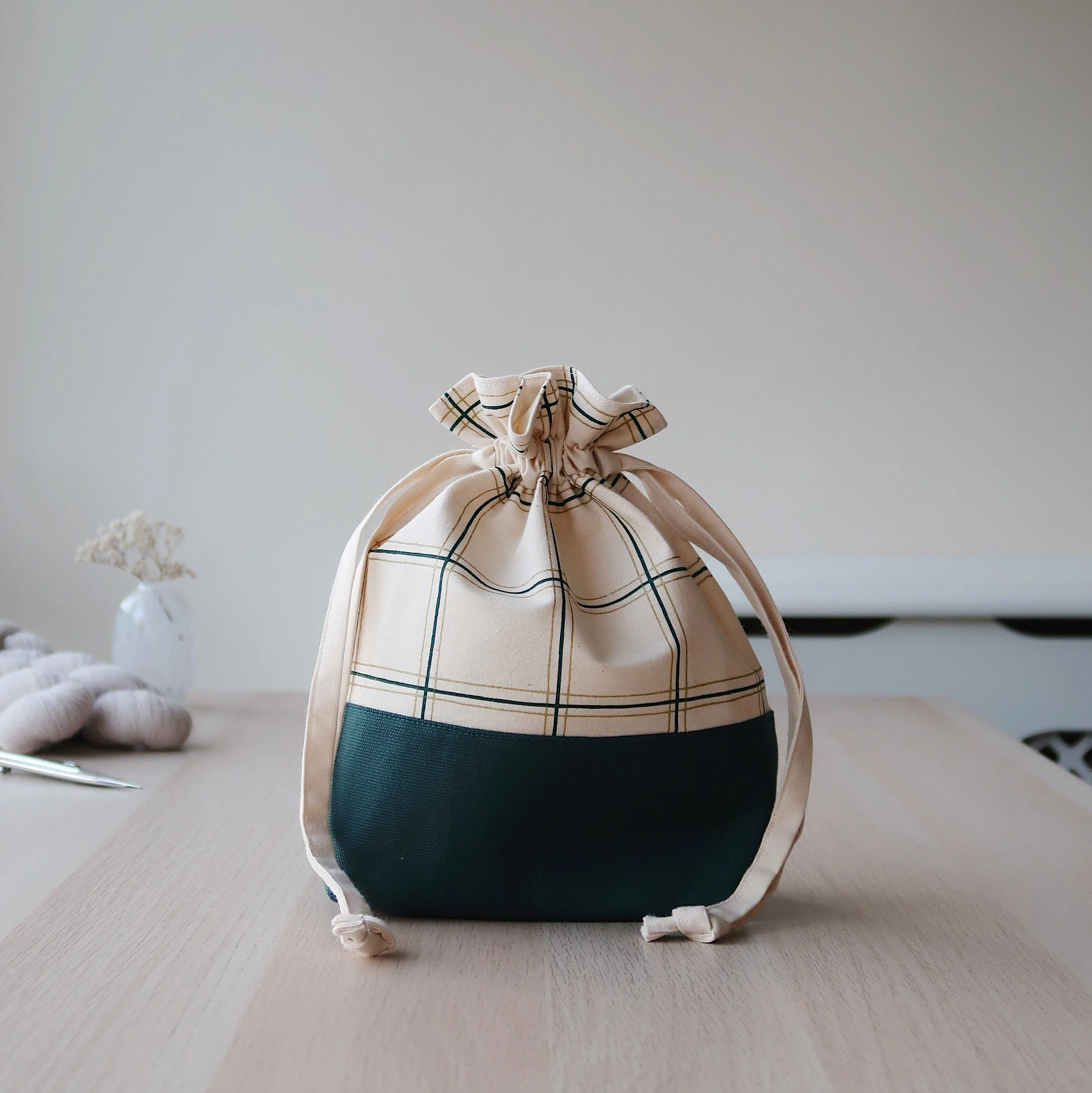 Classic Drawstring Knitting Bag | Winter Plaid Collection