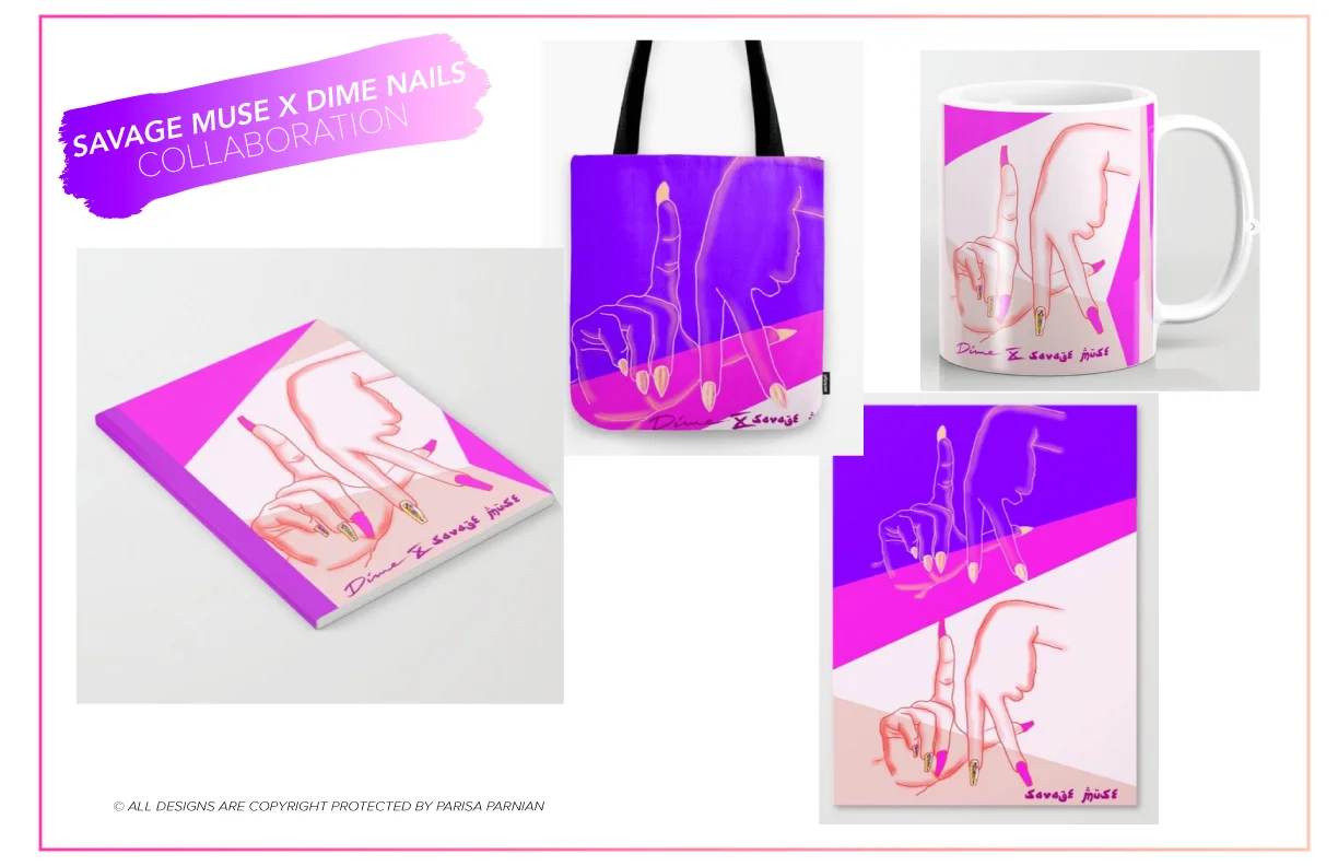 Examples of merchandise designed for the SAVAGE MUSE X DIME NAILS collaboration.