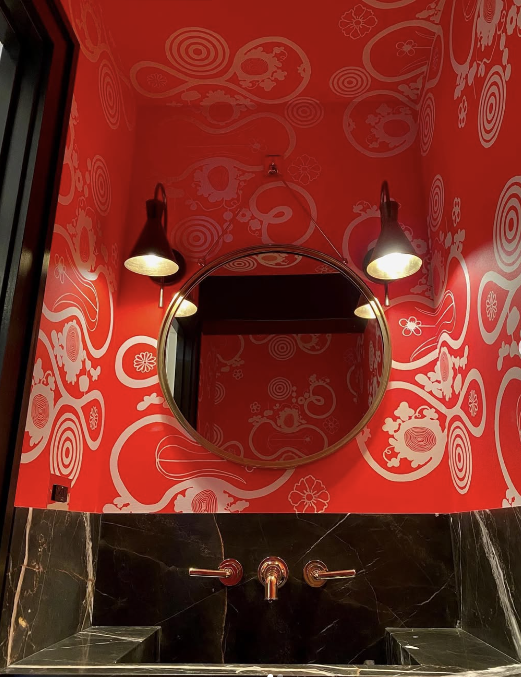 Aspen powder room wallpaper installation.  NAMA ROCOCO Little Butterfly loop.  Bold red marble exquisite.