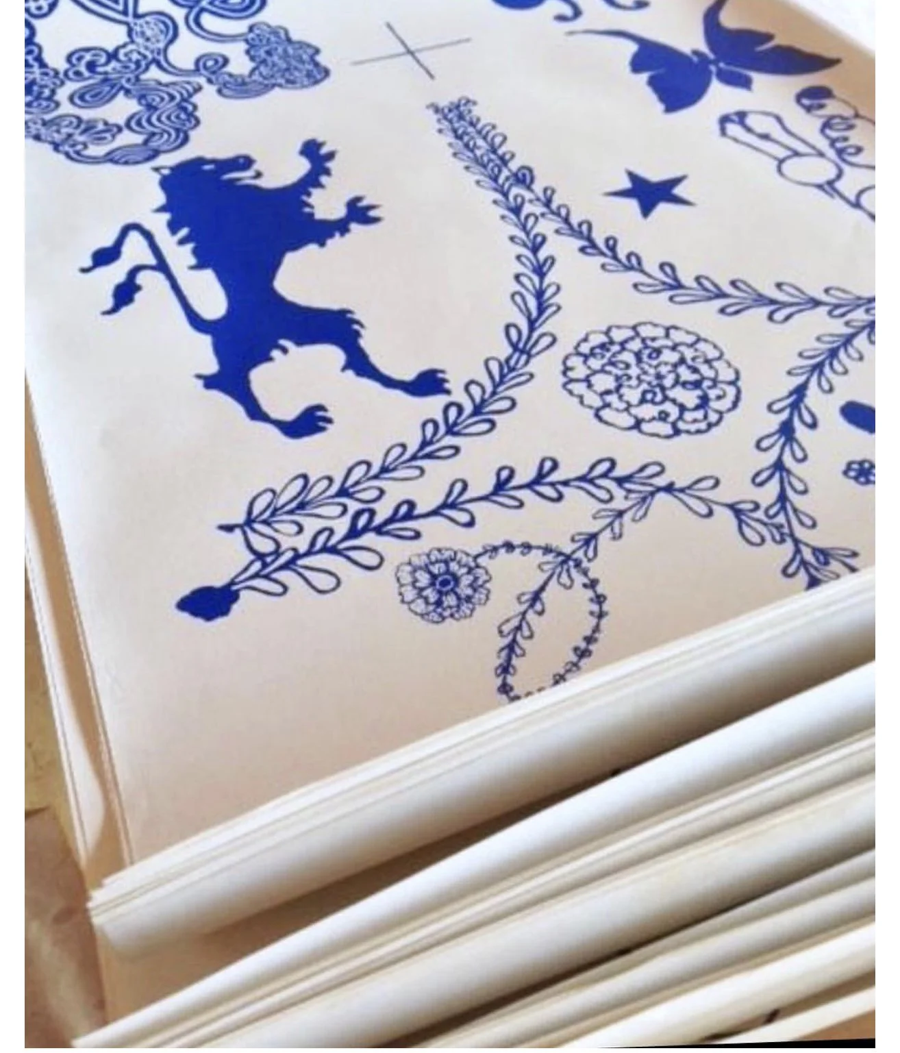 NAMA ROCOCO wallpaper sheets.  Amsterdam blue.  hand painted hand printed. Ultramarine blue and white.