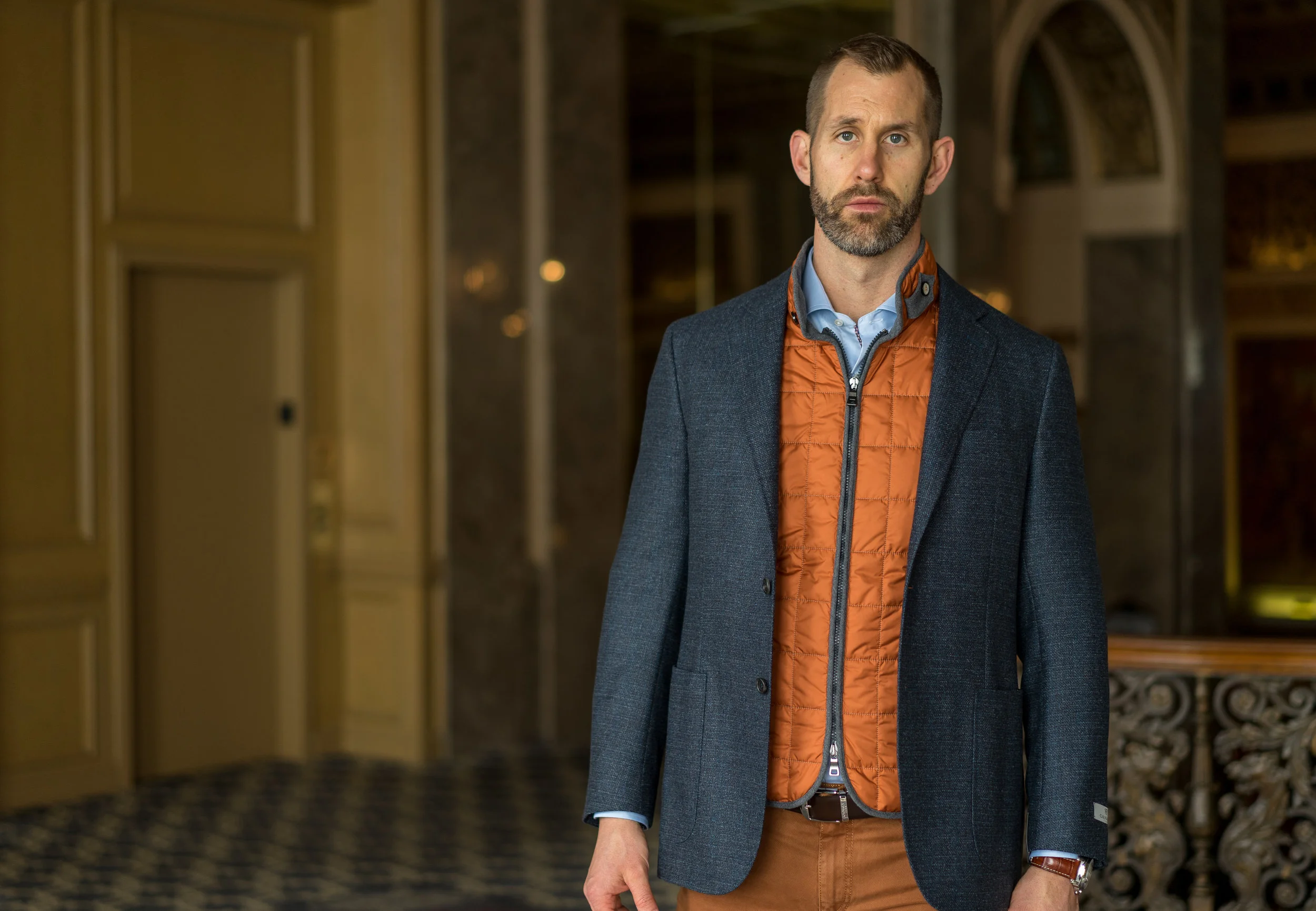Canali Kei Jacket on Waterville Orange Vest
