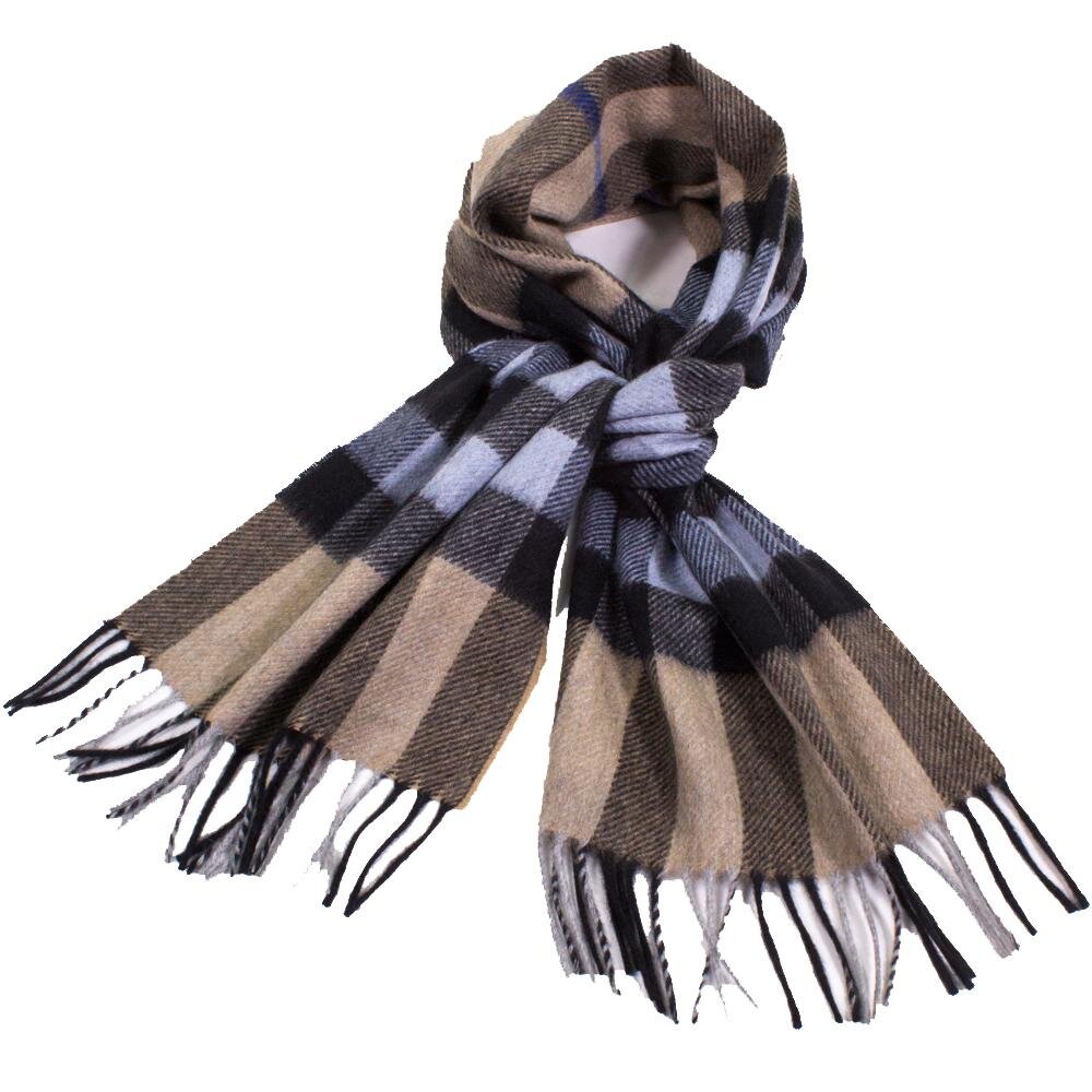 Cashmere Scarf with Classic Plaid & Fringe in Mocha, Blue, & Black