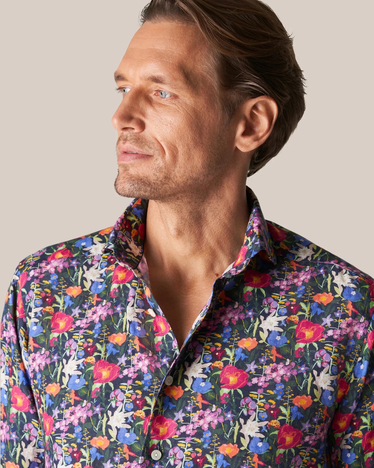 Eton Fit Linen Sport Shirt in Purple Colorful Floral Print — Uomo Francisco | Luxury European Menswear