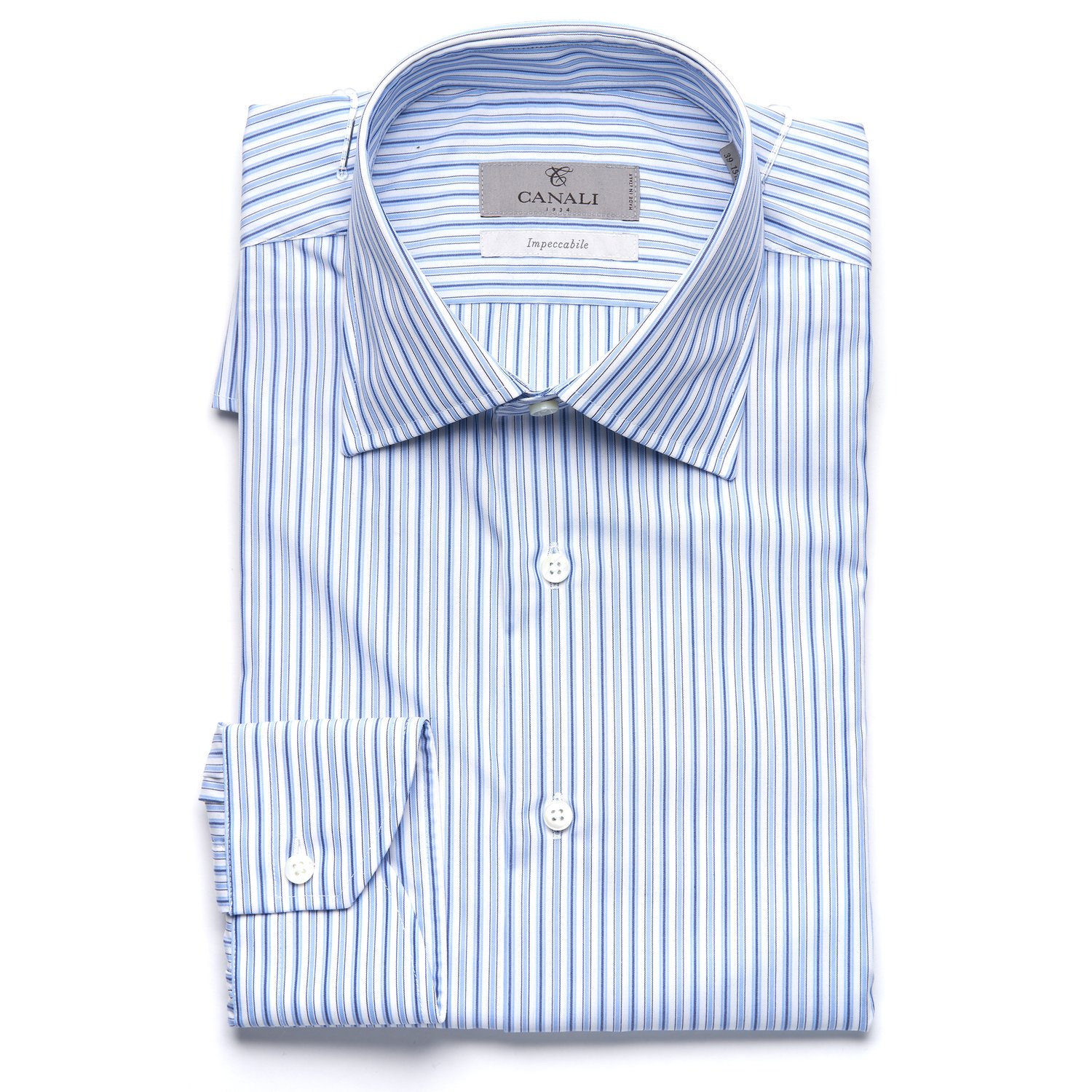 Canali Impeccabile Cotton Modern Fit Dress Shirt in White with Blue Stripes  — Uomo San Francisco