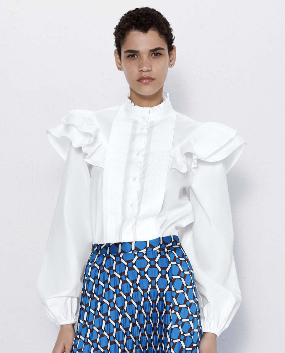 zara white frill blouse