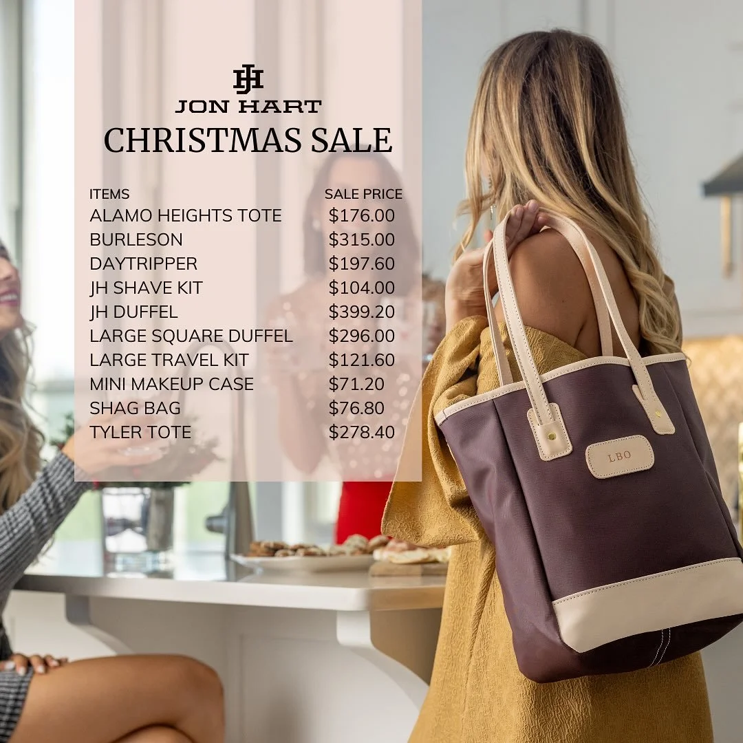 The Jon Hart sale is here! It&rsquo;s the perfect time to start your shopping with these timeless bags! #blessyourheart #somebodyhastobethecutest #jonhartholidaysale #sanantoniobuisness