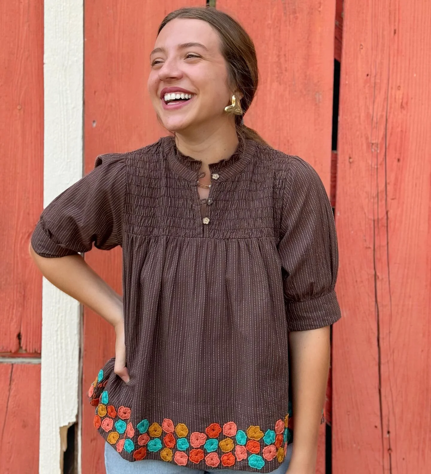 All smiles in our @ivyjaneinc! How perfect is this top for a Texas Fall!!! #somebodyhastobethecutest #blessyourheart #byh