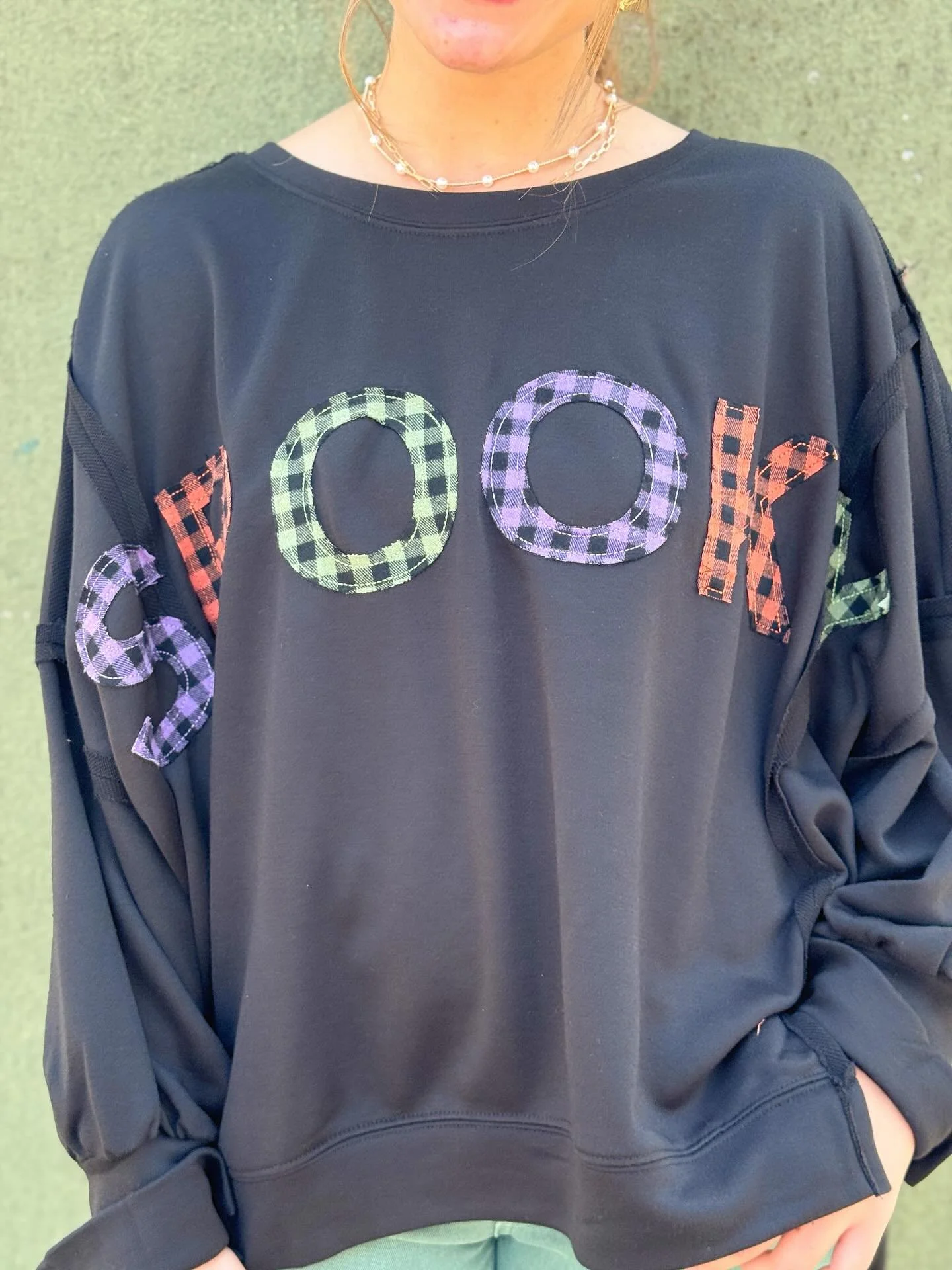 The SPOOKIEST month of the year is here, to celebrate we think you should get this adorable oversized top! We are so happy to see gingham on every season! #somebodyhastobethecutest #blessyourheart #spookyseason